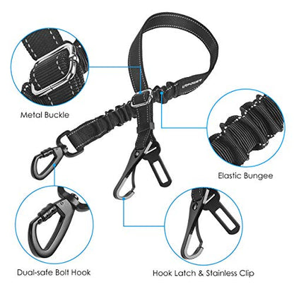 URPOWER 3-in-1 Dog Seat Belt for Car, 2 Pack Adjustable Bungee Dog Car Harness with Seatbelt Buckle & Latch Hook, Reflective & 360° Swivel Heavy Duty Pet Safety Belts for Dogs and Cats - color: Black