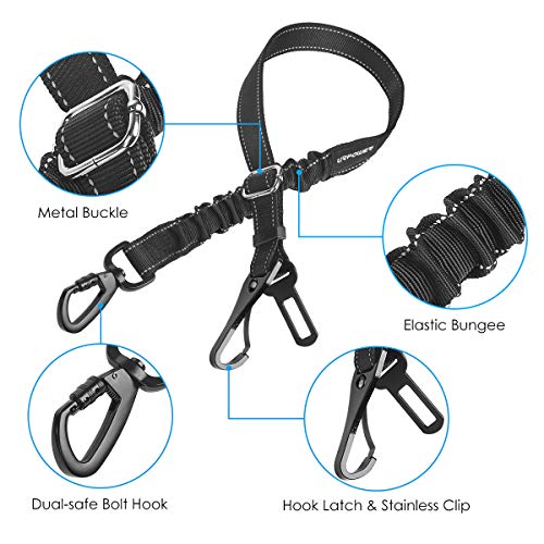 URPOWER 3-in-1 Dog Seat Belt for Car, 2 Pack Adjustable Bungee Dog Car Harness with Seatbelt Buckle & Latch Hook, Reflective & 360° Swivel Heavy Duty Pet Safety Belts for Dogs and Cats - color: Black