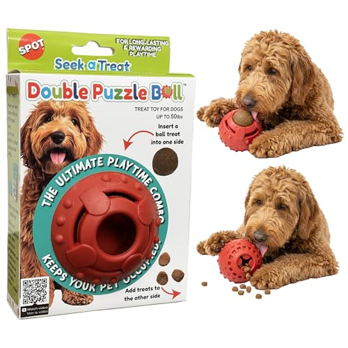 SPOT Seek-A-Treat Double Puzzle Ball Dog Toy, 3.25 in Durable Rubber Treat Dispenser with Dual Openings for Mental Stimulation & Long-Lasting Play, for Dogs up to 50 lbs