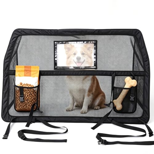 50'' Dog Car Barrier for Cars SUVs Trucks, Universal Dog Car Divider for Back Seat & Cargo Area, Chew-Proof Transparent Net and Sturdy Metal Frame, with High-Visibility Window and 2 Storage Pockets - color: Frosted Black, size: Medium 50"*32"