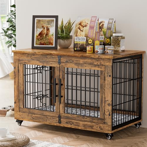 Lulive Dog Crate Furniture, Dog Kennel Indoor Double Doors Wooden Dog Cage, 38'' Heavy Duty Dog Crate with Cushion & Wheels, Decorative End Table Pet House Chew-Resistant for Large/Medium, Brown - color: Brown Set of 1, size: 38.5"L x 25.2"W x 26.8"H