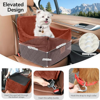 GL GLENSLAVE Dog Car Seat for Small/Medium Dogs, Dog Booster Car Seats with Thick Cushion for Dogs Under 35 lbs, Detachable Washable Pet Carseat with Storage Pockets, 2 Safety Belts(Brown) - color: Brown