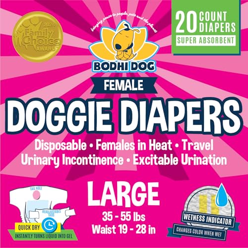 Bodhi Dog Disposable Female Dog Diapers - Super Absorbent Dog Diapers for Female Heat Cycle - Adjustable Fit Pee Wraps for Potty Training, Moisture Control & Wetness Indicator - Large (20 Count) - size: Large (Pack of 20)