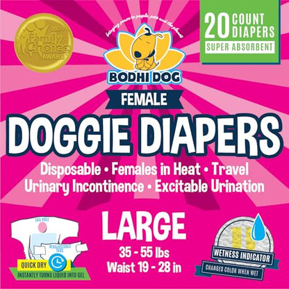 Bodhi Dog Disposable Female Dog Diapers - Super Absorbent Dog Diapers for Female Heat Cycle - Adjustable Fit Pee Wraps for Potty Training, Moisture Control & Wetness Indicator - Large (20 Count) - size: Large (Pack of 20)