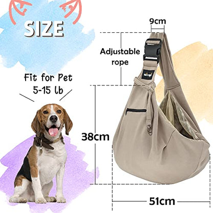 NATUYA Dog Sling Puppy Carrier for Small Dogs Hand Free Doggie Walking Bag Adjustable Shoulder Strap Zip Pocket Safety Belt Protective Mesh Pet Carrier for Travel Outdoor Subway, Khaki - color: Khaki