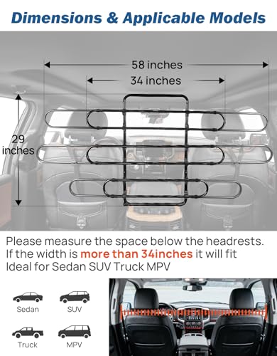 JOYTUTUS Dog Car Barrier, Pet Barrier Follow the Seat Movement 34"- 58" Width Adjustable SUV Dog Barrier for Back Seat, Vehicle Gate Heavy Duty, Ideal for Sedans SUVs Trucks MPVs