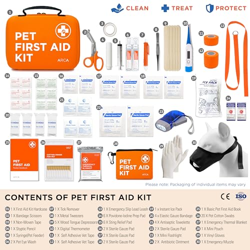 ARCA PET Cat & Dog First Aid Kit for Car - Pet Emergency Kit for Home Office Travel – Dog Camping Essentials with Digital Thermometer, Muzzle & Mini First Aid Pouch - size: CoreCare Kit