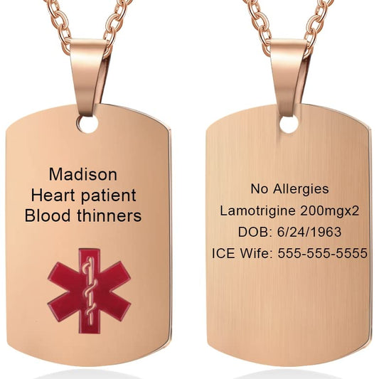 Wendy Made Medical Alert Necklace for Men & Women - Custom Engraved Stainless Steel Medical ID Pendant, Free Personalized Engraving, Emergency Life Alert Tag for Allergies & Conditions - color: Rose Gold