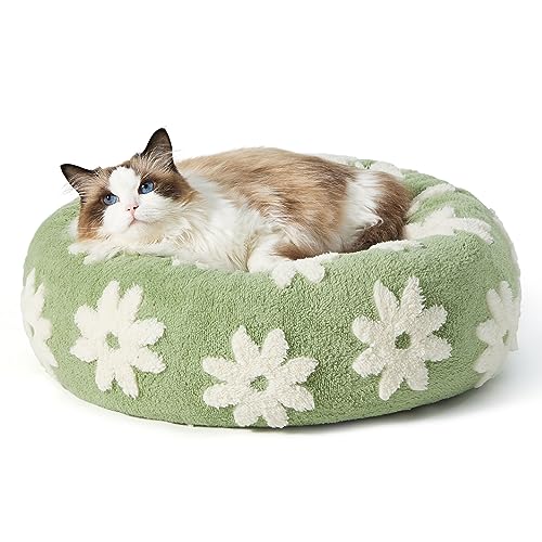 LE SURE Shown on TV Donut Cat Beds for Indoor Cats - Round Small Dog Bed Calming Gift for Pets, Cute Modern Home Decor Beds with Jacquard Shaggy Plush & Anti Slip Bottom, 20 Inch, Green - color: Flower Garden Green, size: 20.0"L x 20.0"W x 6.0"Th