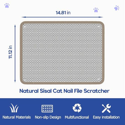 Cat Nail File Scratcher - Natural Sisal Scratch Mat with 80-Grit Aluminum Oxide, Adhesive Sheets & Expansion Screws for Secure Wall/Floor Mounting, Ideal for Trimming Cat Claws (14.81"x11.12") - size: 14.81"x11.12"