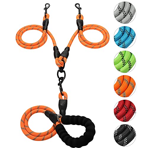 Double Dog Leash Reflective Detachable Coupler &360° Swivel Tangle Free, Heavy Duty Rope Leash Control with Padded Handle for Dual Large Medium Dogs Walking Running Training (Orange) - color: Orange