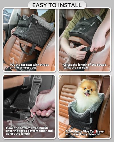 PETSFIT Center Console Dog Car Seat with Safe Protection Hooks, Pet Car Seat with Upgraded Safety Tethers, Washable Cushion, Console Dog Car Seats for Small Dogs Up to 8 Lbs(Black) - color: Black