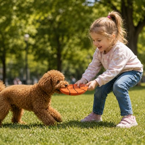 Dog Flying Disc Toy, Soft Plush Sports Ball Shaped Frisbee, Chew Resistant Squeaky Puppy Toy, Interactive Outdoor Training & Indoor Enrichment Toy (Basketball) - color: Basketball