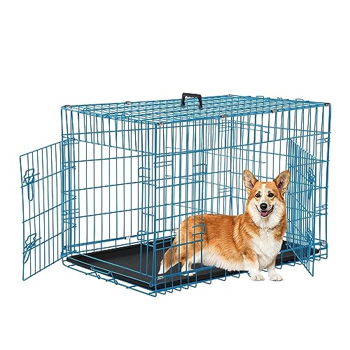 Medium Dog Crate 36 Inch - Foldable Kennel With Double Door, Leak-Proof Tray, Divider - Portable Collapsible Metal Cage for Indoor Use - color: Blue, size: 36 inch