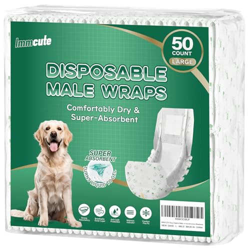 IMMCUTE Large Dog Diapers Male, 50 Ct, Extra-Wide Disposable Male Dog Wraps, Breathable, Comfortable Cotton Fabric with Super Absorbent Male Dog Diapers, Suitable for Medium to Large Breeds - size: Large (50 Ct)