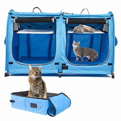 Mispace Portable 2 Pet Carriers for Cats Collapsible Cat Condo for Car Travel Pet Kennel Show Cages with Portable Carry Bag Hammocks Mats and Litter Box - color: Blue