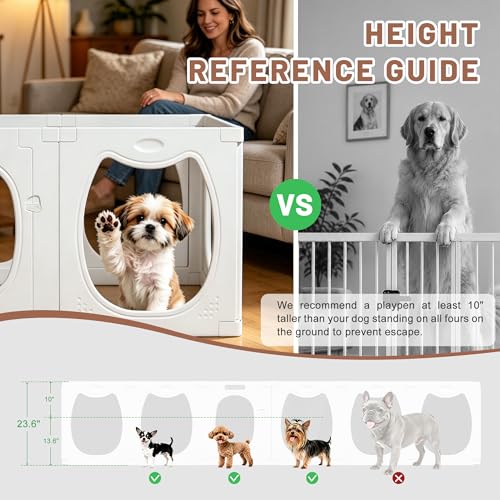 Dog Playpen with Storage Basket, 4 PCS 23.6" H Clear Acrylic Puppy Playpen with Dog Head Shape, Foldable Cat Playpen Indoors Outdoors with Door Gate for Small & Medium Pet Rabbit, Duck, Chick