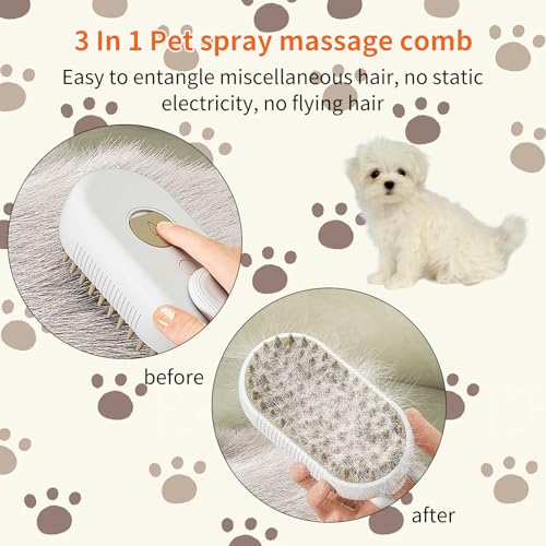 2 Pcs Pet Spray Massage Brush, Cat Hair Steam Brush for Shedding,Cleaning Pet Brush for Massage and Bathing with One Click Spray,Silicone Grooming Spray Comb with 360° Rotating Arm - color: White+khaki