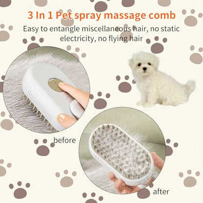 2 Pcs Pet Spray Massage Brush, Cat Hair Steam Brush for Shedding,Cleaning Pet Brush for Massage and Bathing with One Click Spray,Silicone Grooming Spray Comb with 360° Rotating Arm - color: White+khaki