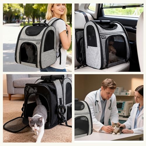 Zavothy Cat Backpack Carrier – Expandable Airline Approved Pet Travel Bag for Cats & Small Dogs, Breathable Mesh Pet Carrier Backpack with Padded Base (Grey) - color: Grey