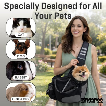 Hands-Free Sling Pet Carrier for Cats and Small Dogs up to 7lbs – Travel Set Includes Foldable Water Bowl & ID Card – Breathable Mesh, Safety Hook & Adjustable Padded Strap for Walking & Travel - color: Black