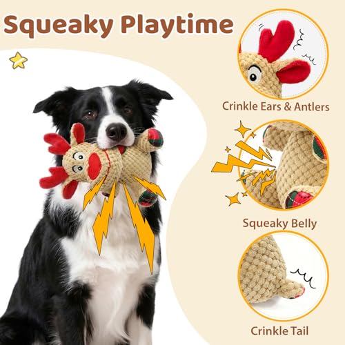 Reindeer Squeaky Dog Toy – Soft Crinkle Stuffed Chew Toy for Small & Medium Dogs, Cute Plush Puppy Toy - color: Beige Reindeer