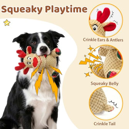 Reindeer Squeaky Dog Toy – Soft Crinkle Stuffed Chew Toy for Small & Medium Dogs, Cute Plush Puppy Toy - color: Beige Reindeer