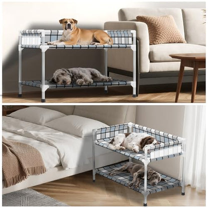 Bedside Window Dog Bunk Bed - Double Elevated Human Dog Bed with Guardrail 2 Layers Window Perch Dogs Cot 2-Tier Bedside Sleeper for Multi-Pet Households (34" x 20" x 24", Double Layer) - size: 34" x 20" x 24"