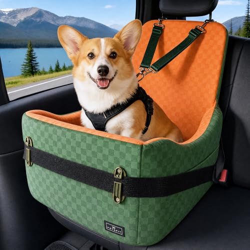 PETSFIT Dog Car Seat for Small/Medium Dogs Up to 35 lbs – Patented Safety System, 5" Memory Foam Pet Car Seat, Fully Detachable and Washable Cover, Front/Back Seat Travel Booster (Green & Orange) - color: Green/Orange