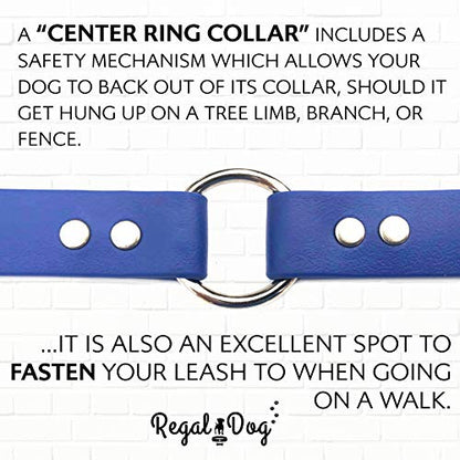 Regal Dog Products Small Blue Dog Collar with Heavy Duty Double Buckle & D Ring | Vinyl Coated, Custom Fit, Adjustable Biothane Dog Collar | Chew Resistant Waterproof Center-Ring Collar for Dogs - color: Blue, size: Small
