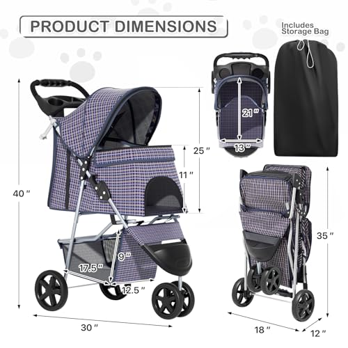 MoNiBloom 3 Wheels Pet Dog Cat Stroller for Small Medium Dogs Cats, Lightweight Foldable Jogger Stroller w/Storage Basket and Cup Holder, Plaid - color: Plaid