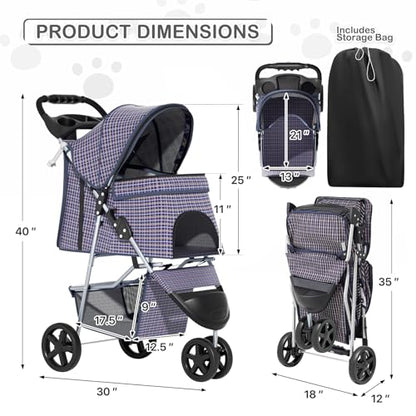 MoNiBloom 3 Wheels Pet Dog Cat Stroller for Small Medium Dogs Cats, Lightweight Foldable Jogger Stroller w/Storage Basket and Cup Holder, Plaid - color: Plaid