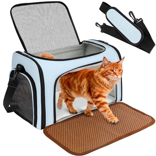 Cat Carrier - Cat Carrier Soft with Plush Pad & Cooling Mat, Easy-Load 4-Side Zipper & 3-Side Mesh Ventilation, Pet Carrier Airline Approved for Cats/Dogs Up to 16 lbs, Blue - color: Blue