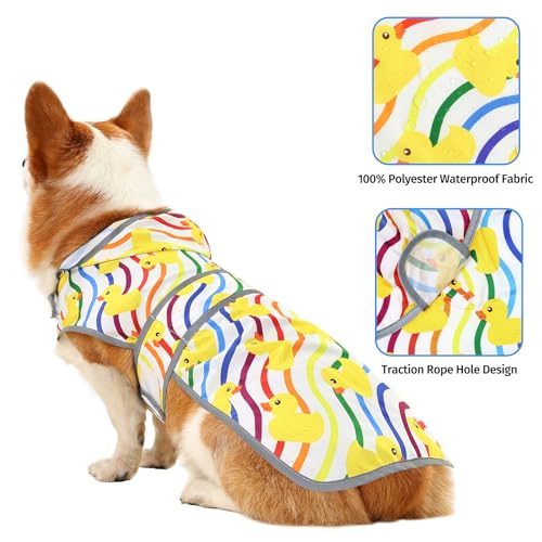 Dog Raincoat, Waterproof Dog Rain Jacket with Hood, Adjustable Rain Coat Poncho with Reflective Strips & Leash Hole for Large Medium Small Dogs Puppies, Lightweight Pet Clothes - color: Rainbow Ducks, size: Large