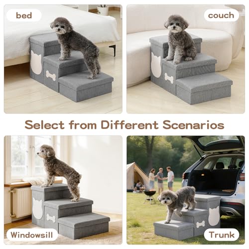 3-Step Wider Dog Steps for Bed 17" H, Foldable Dog Stairs with Storage, Non-Slip Pet Steps for Small Medium Large Dogs, Arthritis-Friendly Pet Stairs for Couch and Car Up to 200 lbs, Grey - size: 3-Step