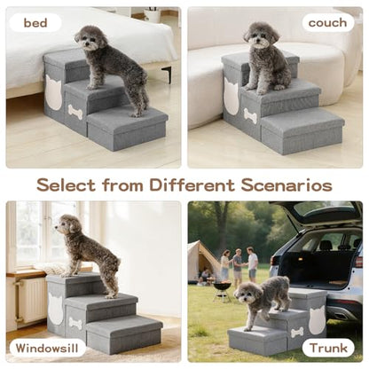 3-Step Wider Dog Steps for Bed 17" H, Foldable Dog Stairs with Storage, Non-Slip Pet Steps for Small Medium Large Dogs, Arthritis-Friendly Pet Stairs for Couch and Car Up to 200 lbs, Grey - size: 3-Step