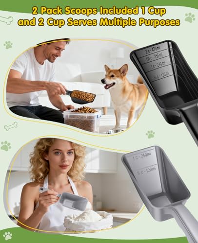 2 Pack Dog Food Scoop with 1 Cup and 2 Cup Capacity, Plastic Pet Food Measuring Scoops with Clear Measurement Lines for Dogs, Cats & More,Dishwasher safe (Grey and Black) - color: Grey and Black