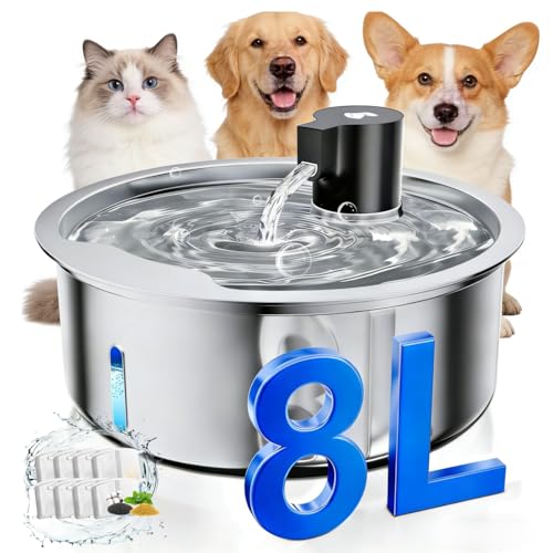 Dog Water Fountain, 8L Stainless Steel Dog Water Fountain for Large Dogs, Dog Water Bowl Dispenser, Super Quiet Pump and Replacement Filters for Cats and Dogs - color: Silver-8L-8Filters