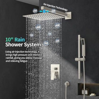 SR SUN RISE Shower System with 10" Rain Showerhead, Square Handheld Showerwith 16-Inch Slide Bar and 71-Inch Hose, Wall Mounted Shower Faucet Set Included Valve and Trim Kit, Brushed Nickel - color: Brushed Nickel, style: 10"