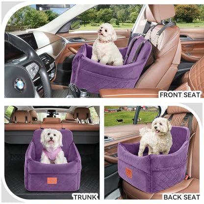 GL GLENSLAVE Dog Car Seat for Small/Medium Dogs, Dog Booster Car Seats with Thick Cushion for Dogs Under 35lbs, Detachable Washable Pet Carseat with Storage Pockets, 2 Safety Belts(Purple) - color: Purple