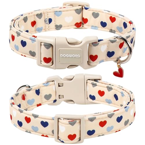 DOGWONG Valentine's Dog Collar-Hearts Print Dog Collar for Large Cute Dog Collars Spring Female Male Pet Gift Adjustable Heavy-Duty Soft Collar，XS - color: A: Beige Heart, size: X-Small