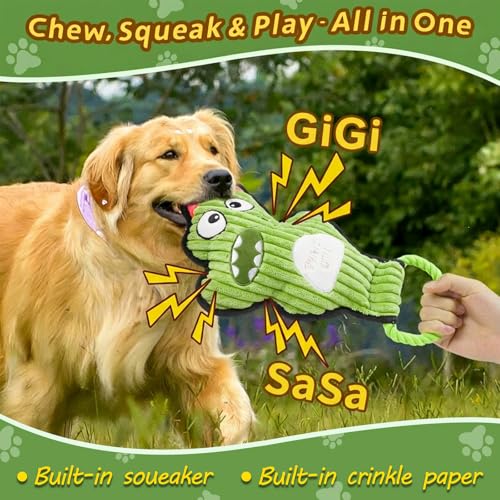 2-Pack Crinkle and Squeaky Dog Toys & Tough Tug of War Set - No Stuffing Chew-Resistant Plush Toys to Keep Them Busy, Best Birthday Gift for Small/Medium/Large Breeds (Dino & Gorilla) - color: Dino & Gorilla
