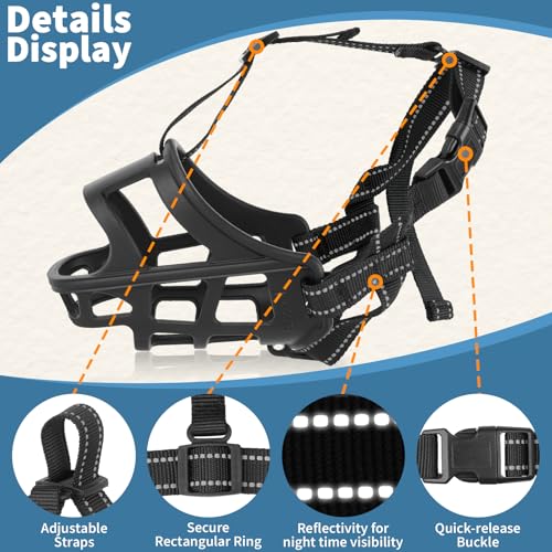 BARKLESS Dog Basket Muzzle for Medium & Large Dogs, Breathable Open Front Mouth Cover with Reflective Strap for Training, Walking Vet Visits, Humane Cage Muzzle Prevent Biting Scavenging (Black, M)