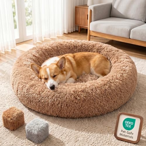 Premium Donut Dog Bed,Dual Memory Foam Orthopedic XL Dog Beds for Large Sized Dogs,Thick Cooling Gel Fluffy Calming Pet Couch with Removable Waterproof Washable Cover,42 Inch,Camel - color: Camel, size: 42"x42"x8"