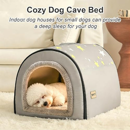 Jiupety Indoor Dog House, 2 in 1 Portable Foldable House Bed with Cover, Pet Tent & Cave Bed for Small Medium Dog, L(21"×17"×15"), Up to 16 Lb, Grey - style: L