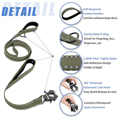 Strong Heavy Duty Dog Leash - 5ft Reflective Nylon Training Leash with Soft Padded Double Handle & Auto Lock Frog Clip - Safety Traffic Control for Large Medium Small Dogs No Pull Walk Army Green,5ft - color: Army Green, size: 5FT x 1" x 2.8MM
