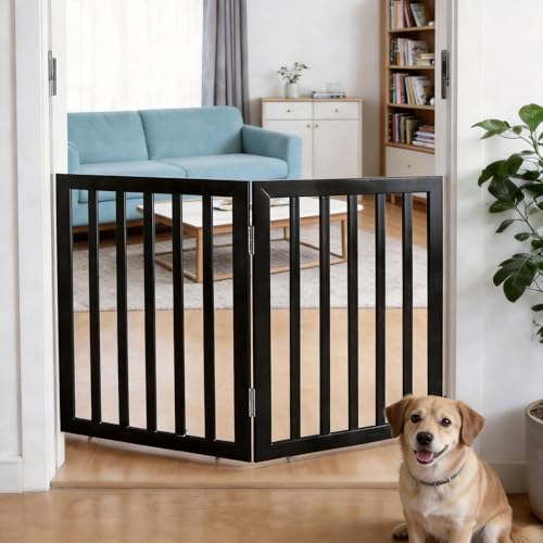 Dog Gate Indoor, Freestanding Dog Fence for The House, Doorways, Hallways,or Stairs,Pet Gate Foldable Wooden,Expandable 24" Height 2 Panels,Black - color: Black, size: 【2 Panels】40‘’w x 24''h