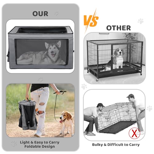 MEGHNA Dog Crate Portable Collapsible Lightweight Soft Sided Folding Travel Dog Kennel Double Door Collapsible 620D Oxford Fabric Cage (Grey, Extra Large) - size: Extra Large