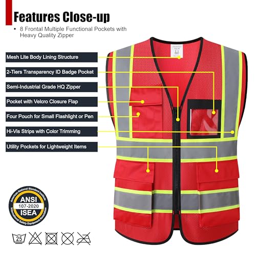 Reflective Safety Vest for Men Women Hi Vis Vest with 8 Pockets High Visibility Mesh Reflective Vest Meets ANSI/ISEA Standards (Red-07,Medium) - color: Red, size: Medium