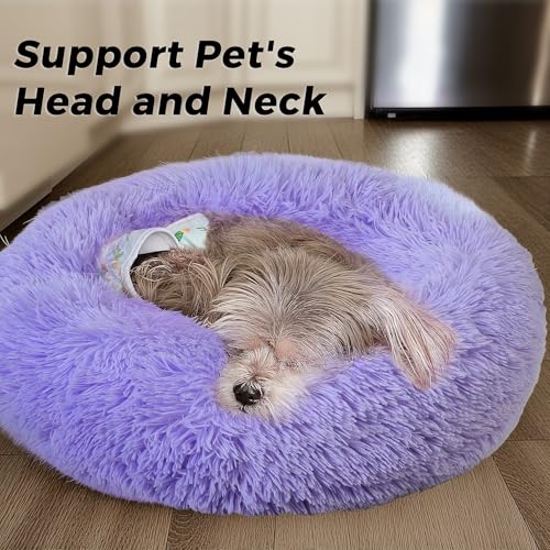Calming Round Dog Bed & Cat Bed with Anti-Slip Bottom, Medium Size Washable Anti-Anxiety Donut Dog Beds for Small Dogs & Cats, Fluffy Plush Soft Dog Bed(24 Inch, Purple) - color: Purple, size: 24"l x 24"w x 8"th